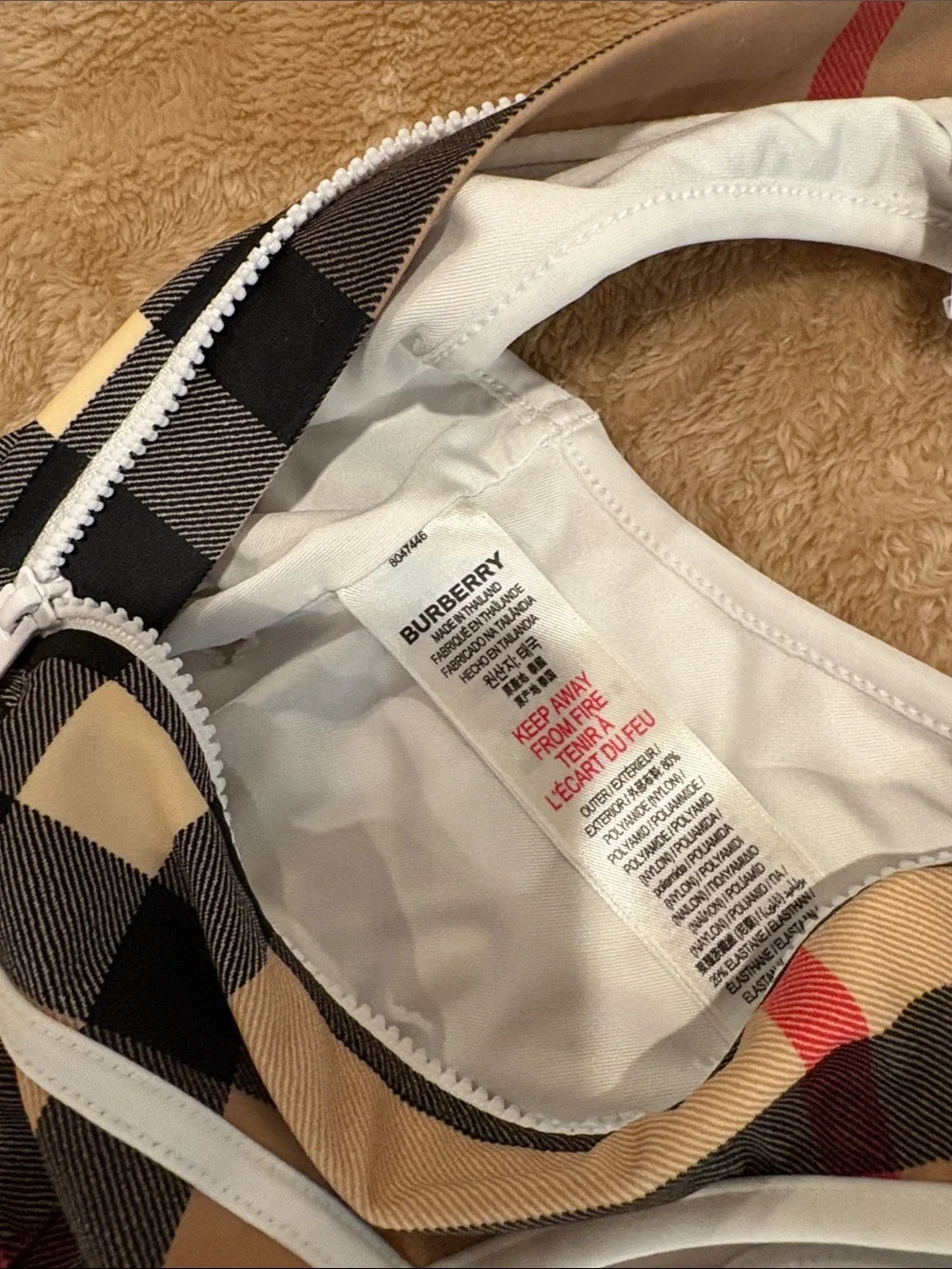 Burberry Beige, Black & Red Plaid Swim Top with White Trim